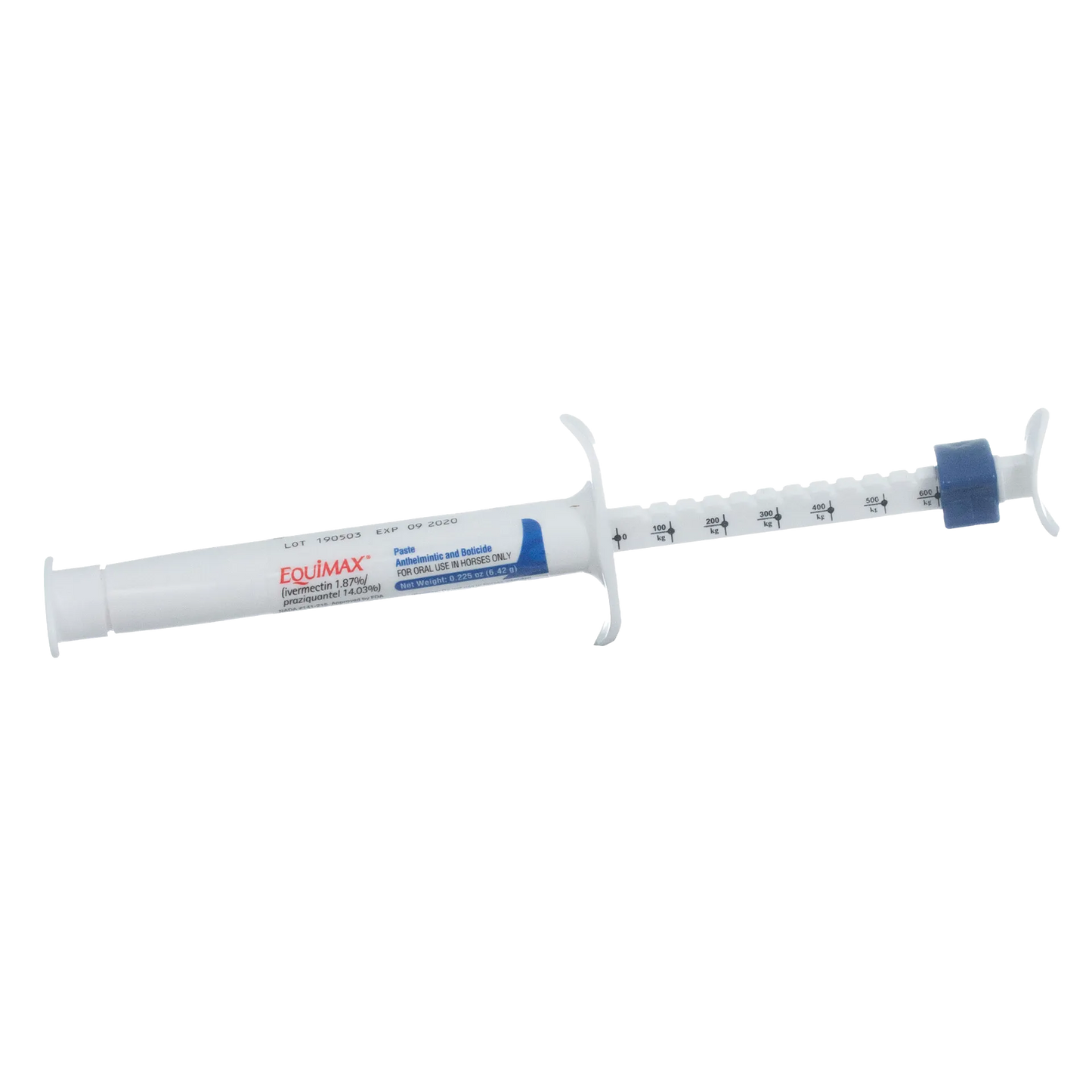 EquiMAX®,"White oral paste syringe with blue plunger ring and dose markings"