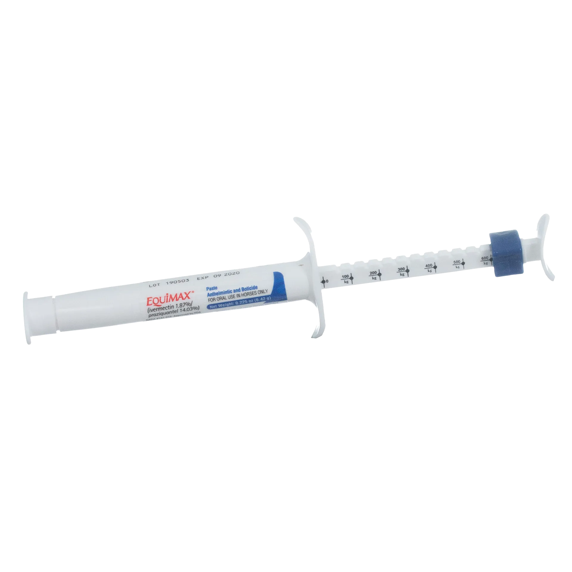 EquiMAX®,"White oral paste syringe with blue plunger ring and dose markings"
