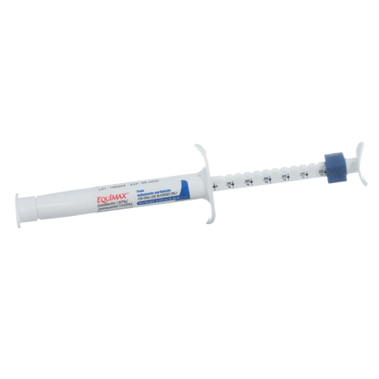 EquiMAX®,"White oral paste syringe with blue plunger ring and dose markings"