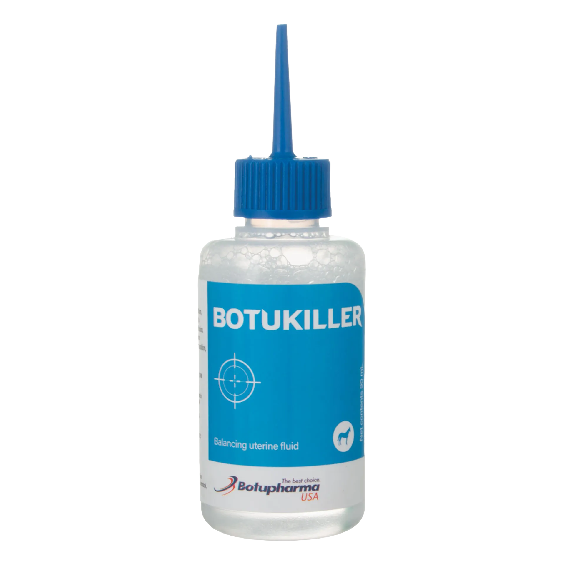 Botukiller,"Plastic squeeze bottle with blue nozzle cap and blue label"