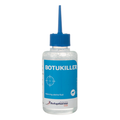 Botukiller,"Plastic squeeze bottle with blue nozzle cap and blue label"