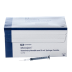 3cc MonoJect™ Syringes with 22 gauge Needles,"Single syringe with attached needle shown in front of box"
