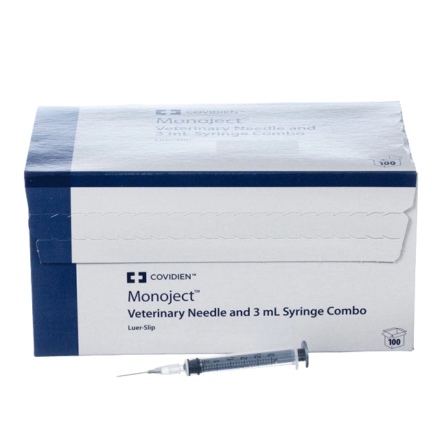 3cc MonoJect™ Syringes with 22 gauge Needles,"Single syringe with attached needle shown in front of box"