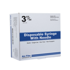 "Sterile 3ml Syringe Luer Lock 20x1.5","White box with blue label, front and side packaging view"