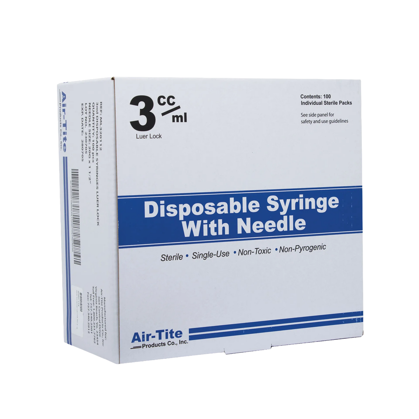 "Sterile 3ml Syringe Luer Lock 20x1.5","White box with blue label, front and side packaging view"