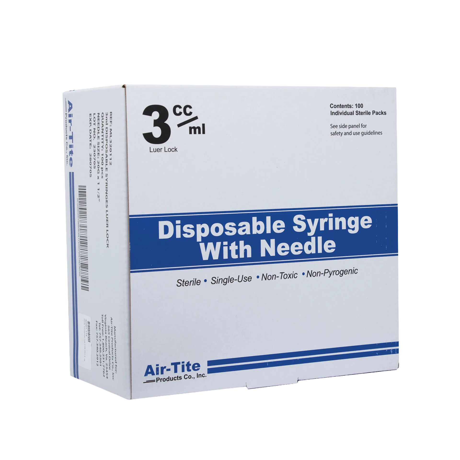 "Sterile 3ml Syringe Luer Lock 20x1.5","White box with blue label, front and side packaging view"