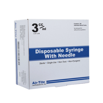"Sterile 3ml Syringe Luer Lock 20x1.5","White box with blue label, front and side packaging view"
