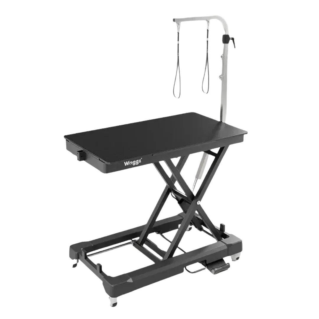 "44"" Dog Grooming Drying Electric Table without Drawer with Caster by Waggz","Black electric grooming table with overhead arm and caster wheels"