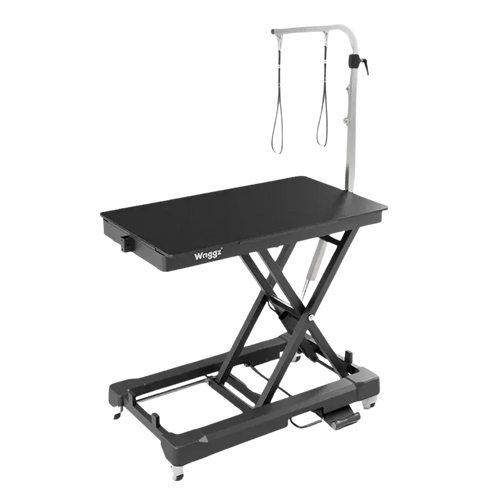 "44"" Dog Grooming Drying Electric Table without Drawer with Caster by Waggz","Black electric grooming table with overhead arm and caster wheels"