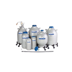 LD Series Tanks- Nitrogen Storage Only,"Group of white cryogenic tanks with blue caps on wheeled carts"