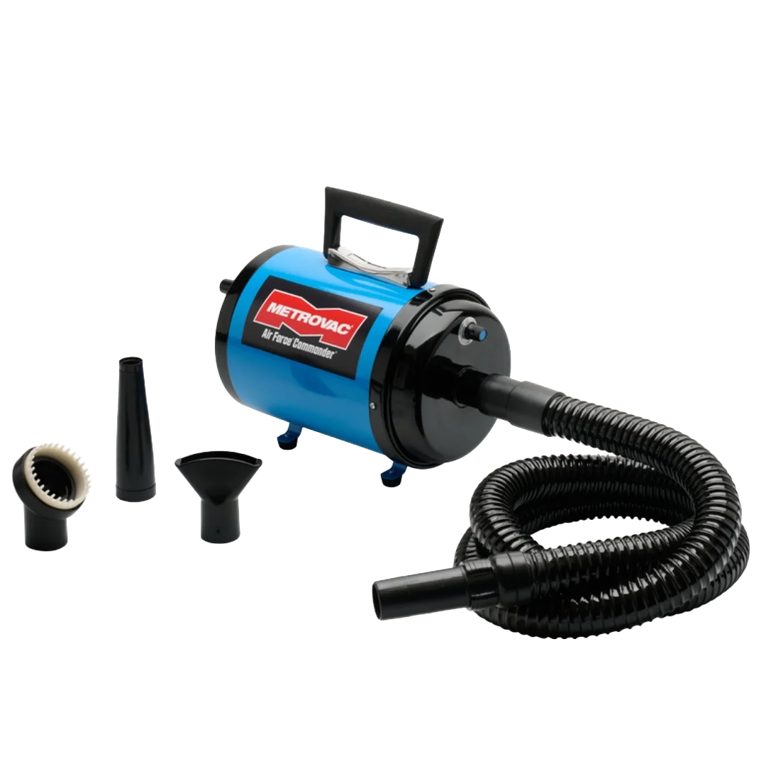 Air Force Commander Variable Speed Dryer,"Blue canister dryer with hose and three nozzle attachments"