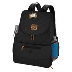Weekender Backpack,"Black quilted backpack with side mesh pockets and front zip pocket"