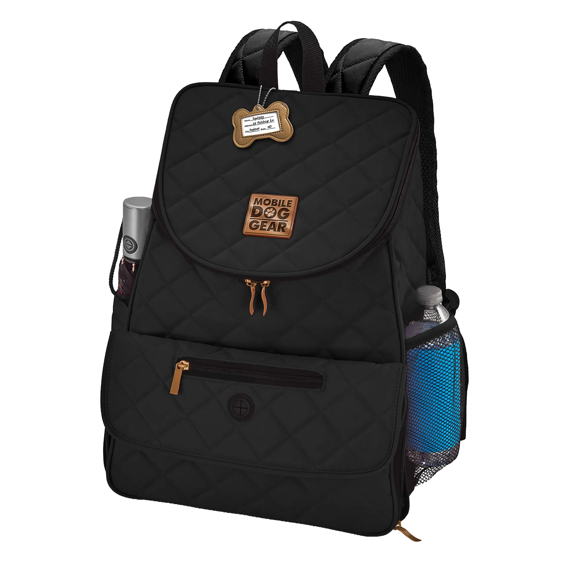 Weekender Backpack,"Black quilted backpack with side mesh pockets and front zip pocket"