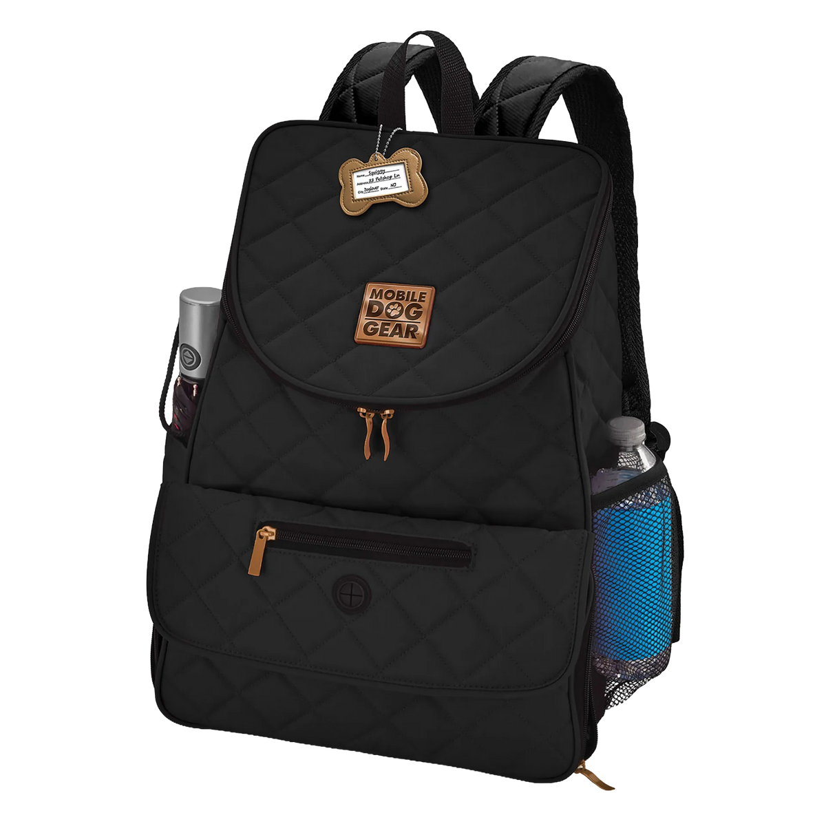 Weekender Backpack,"Black quilted backpack with side mesh pockets and front zip pocket"