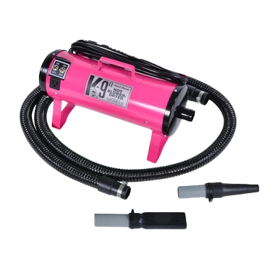 K-9 II Dog Dryer With FREE Water Peeler,"Pink dog dryer with black hose and two nozzle attachments"