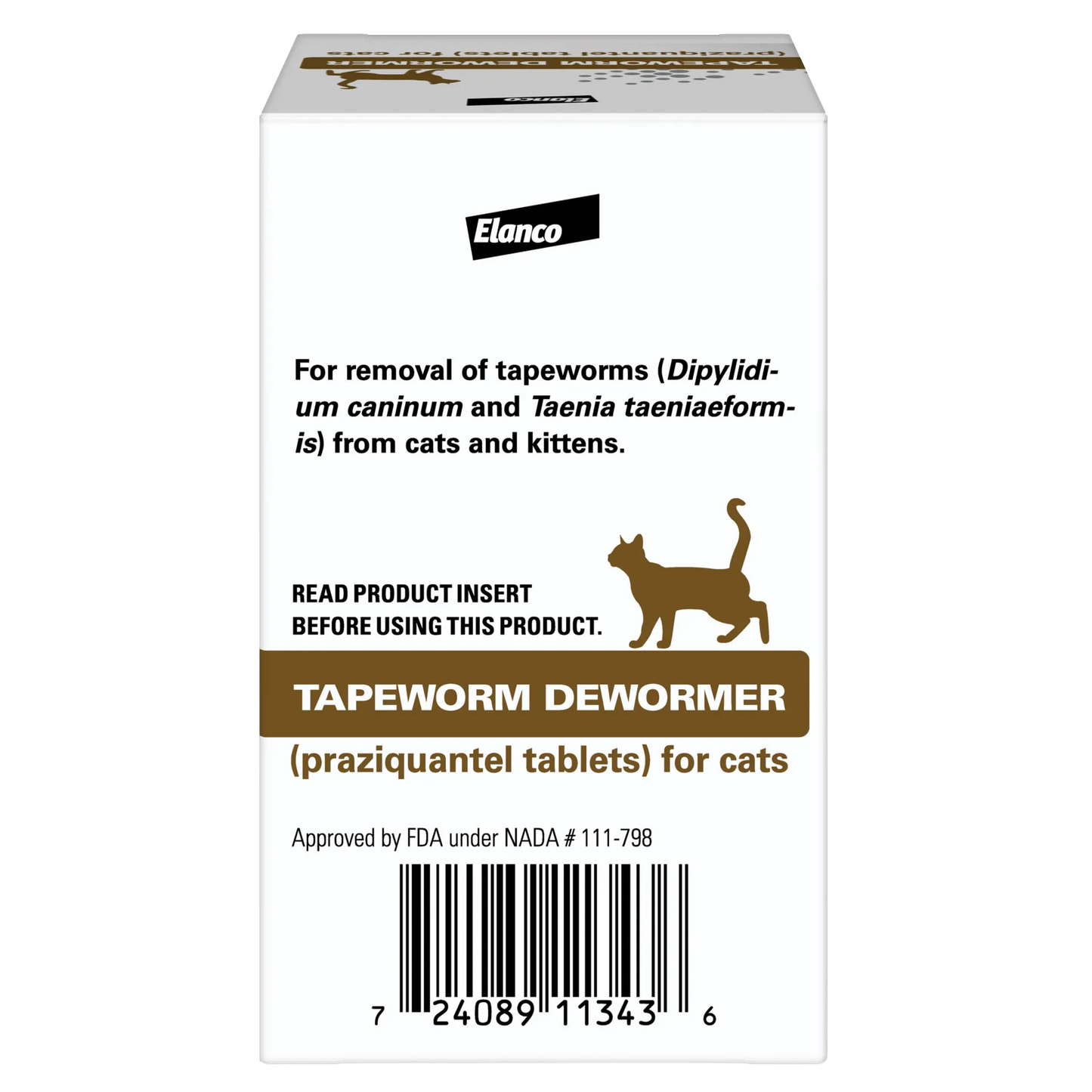 Tapeworm Dewormer,"Side view of product box with cat silhouette and barcode"
