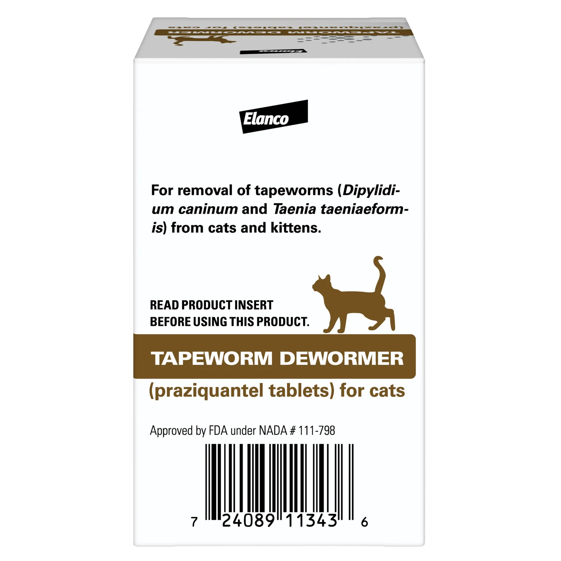 Tapeworm Dewormer,"Side view of product box with cat silhouette and barcode"