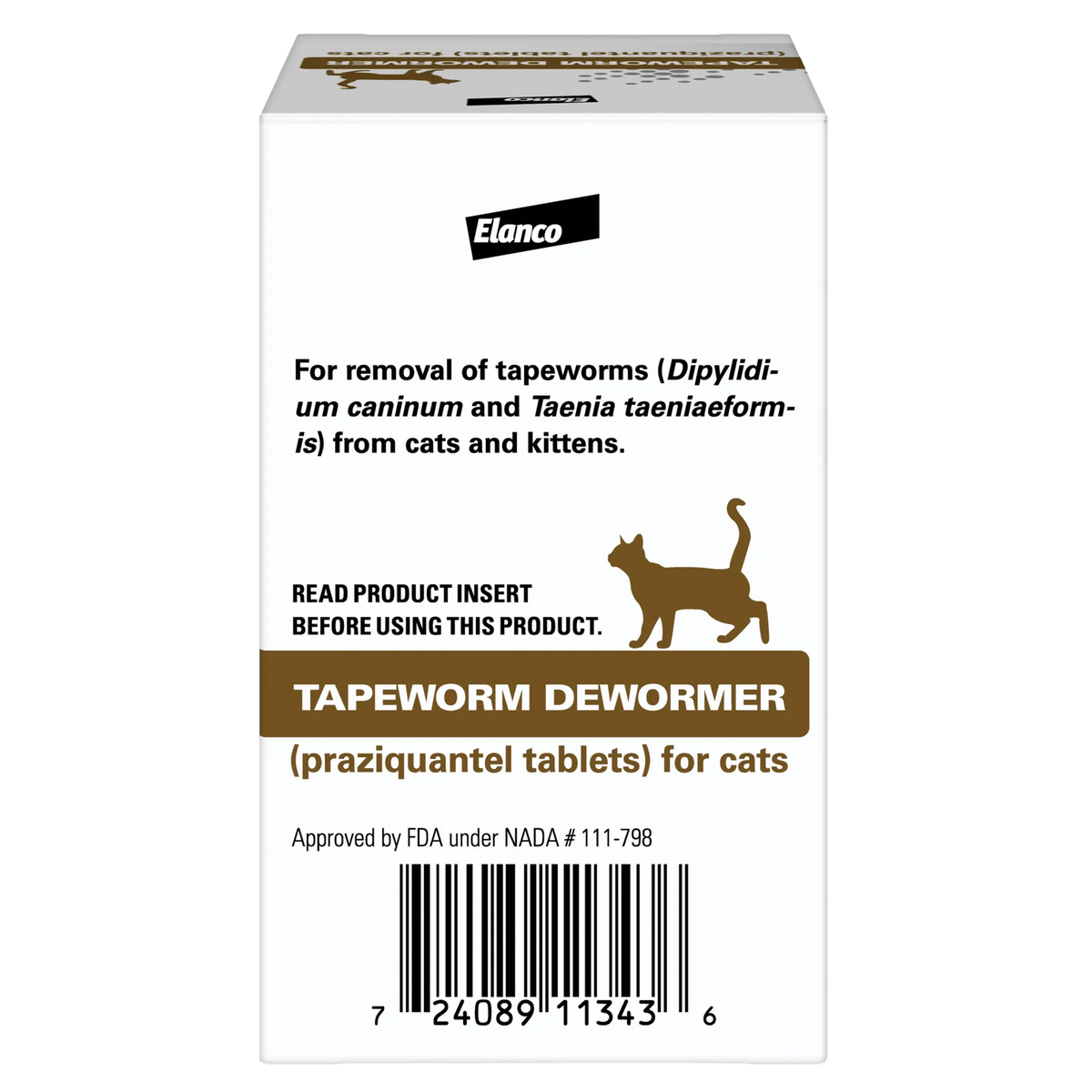 Tapeworm Dewormer,"Side view of product box with cat silhouette and barcode"