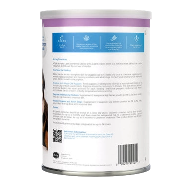Esbilac® Puppy Milk Replacer,"Back of powder canister with blue label panel"