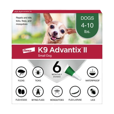 K9 Advantix™ II,"Product box with Chihuahua image and six-dose packaging"