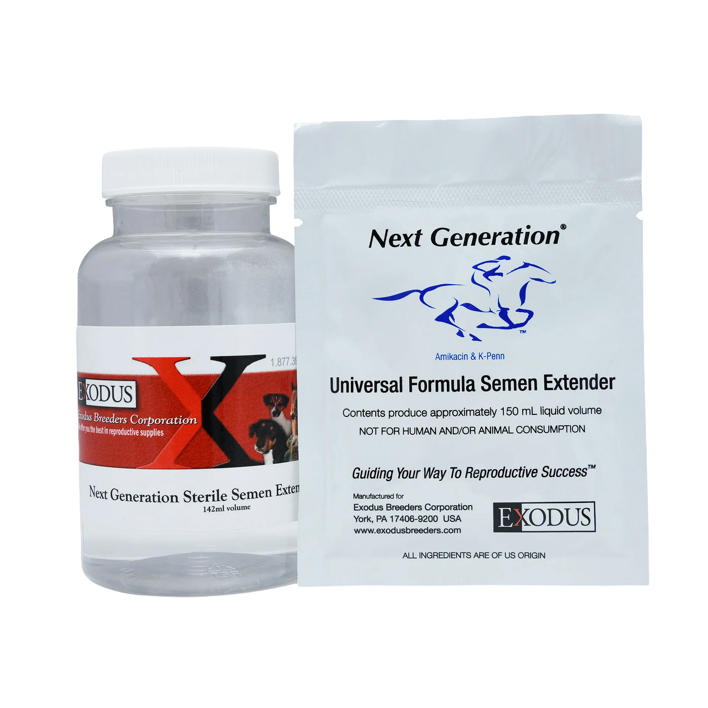 Next Generation Universal Extender,"Clear plastic bottle with white cap beside sealed pouch"