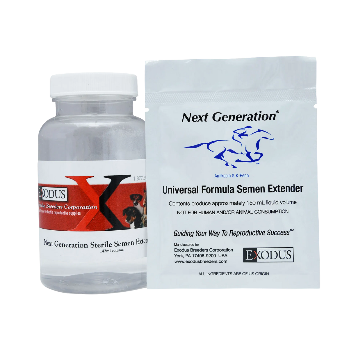 Next Generation Universal Extender,"Clear plastic bottle with white cap beside sealed pouch"