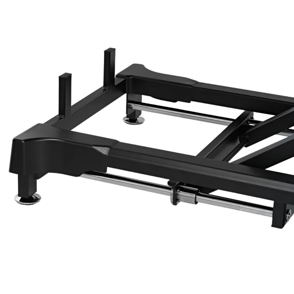 Dog Grooming Electric Tub with Sliding Door by Waggz,"Black metal tub base frame with leveling feet and rails"