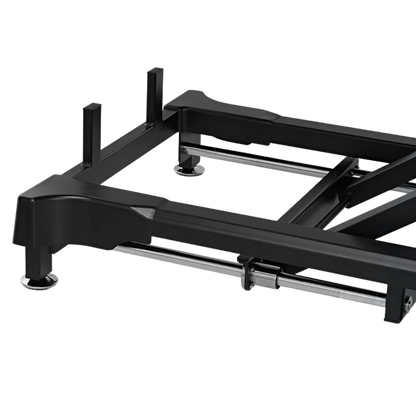 Dog Grooming Electric Tub with Sliding Door by Waggz,"Black metal tub base frame with leveling feet and rails"