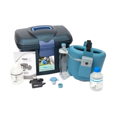 Flexineb® E3 Portable Equine Nebulizer Complete System with 2 Standard Med Cups,"Blue equine nebulizer mask with carrying case and accessories"
