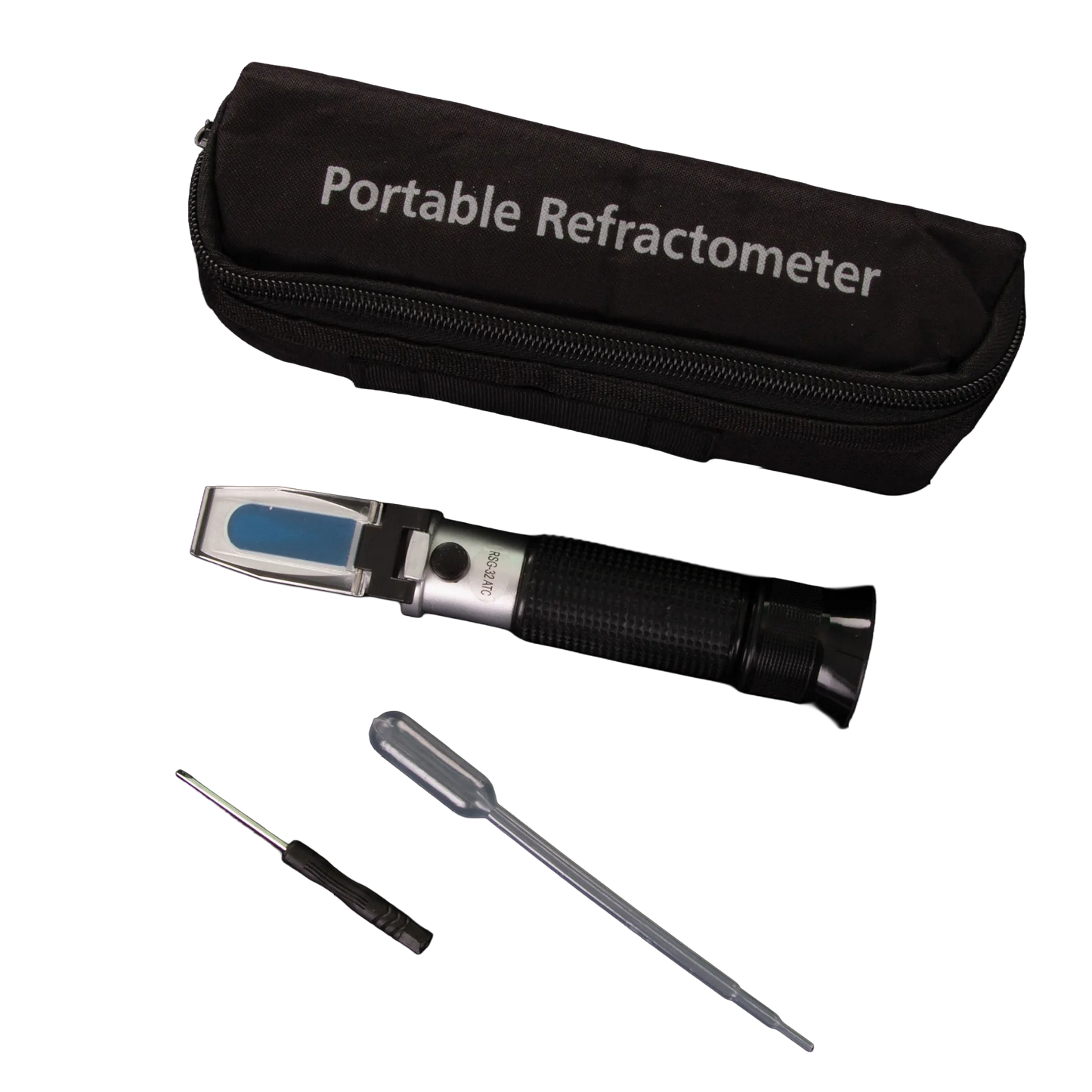 Refractometer,"Black handheld refractometer with case, pipette, and screwdriver"
