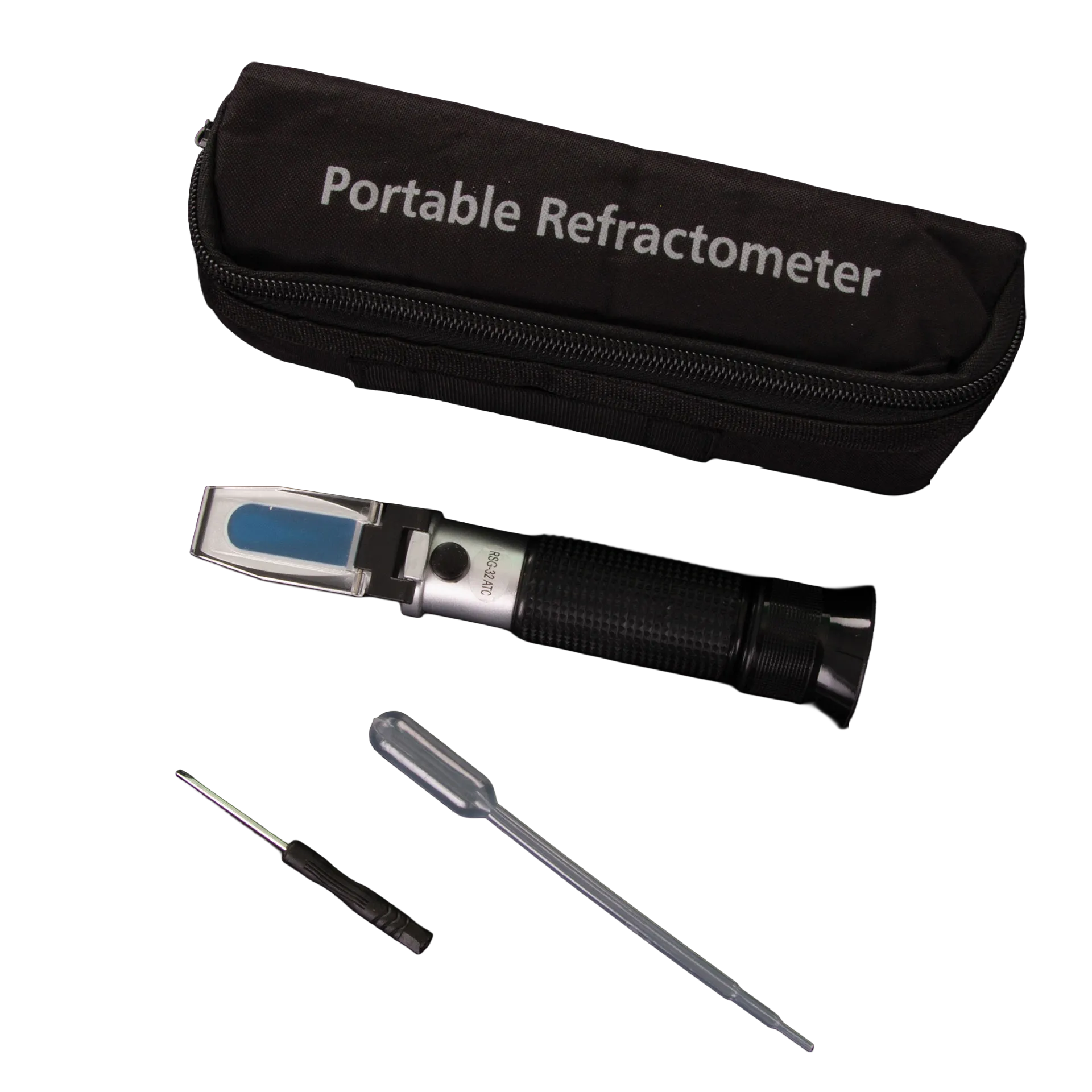 Refractometer,"Black handheld refractometer with case, pipette, and screwdriver"