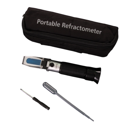 Refractometer,"Black handheld refractometer with case, pipette, and screwdriver"