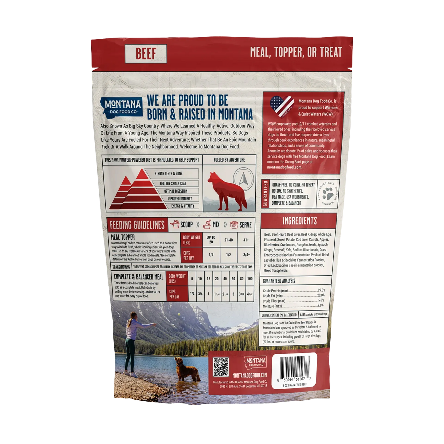 Adventure Fuel: Freeze-Dried Raw Dog Food,"Back view of dog food pouch with feeding guide and ingredients panel"