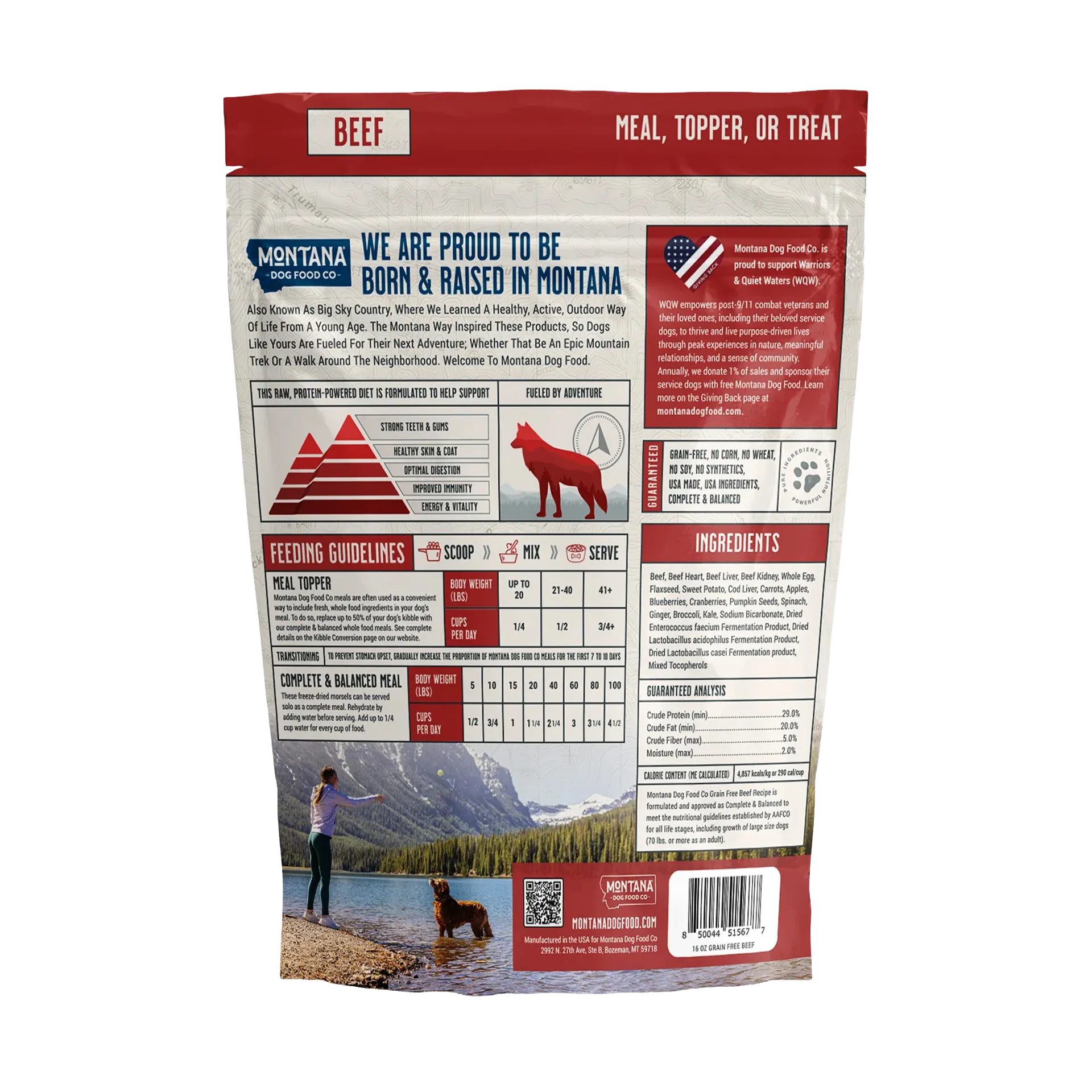 Adventure Fuel: Freeze-Dried Raw Dog Food,"Back view of dog food pouch with feeding guide and ingredients panel"