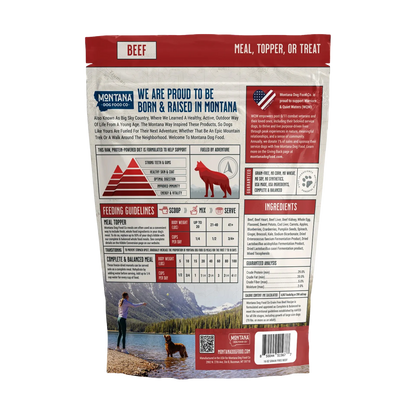 Adventure Fuel: Freeze-Dried Raw Dog Food,"Back view of dog food pouch with feeding guide and ingredients panel"
