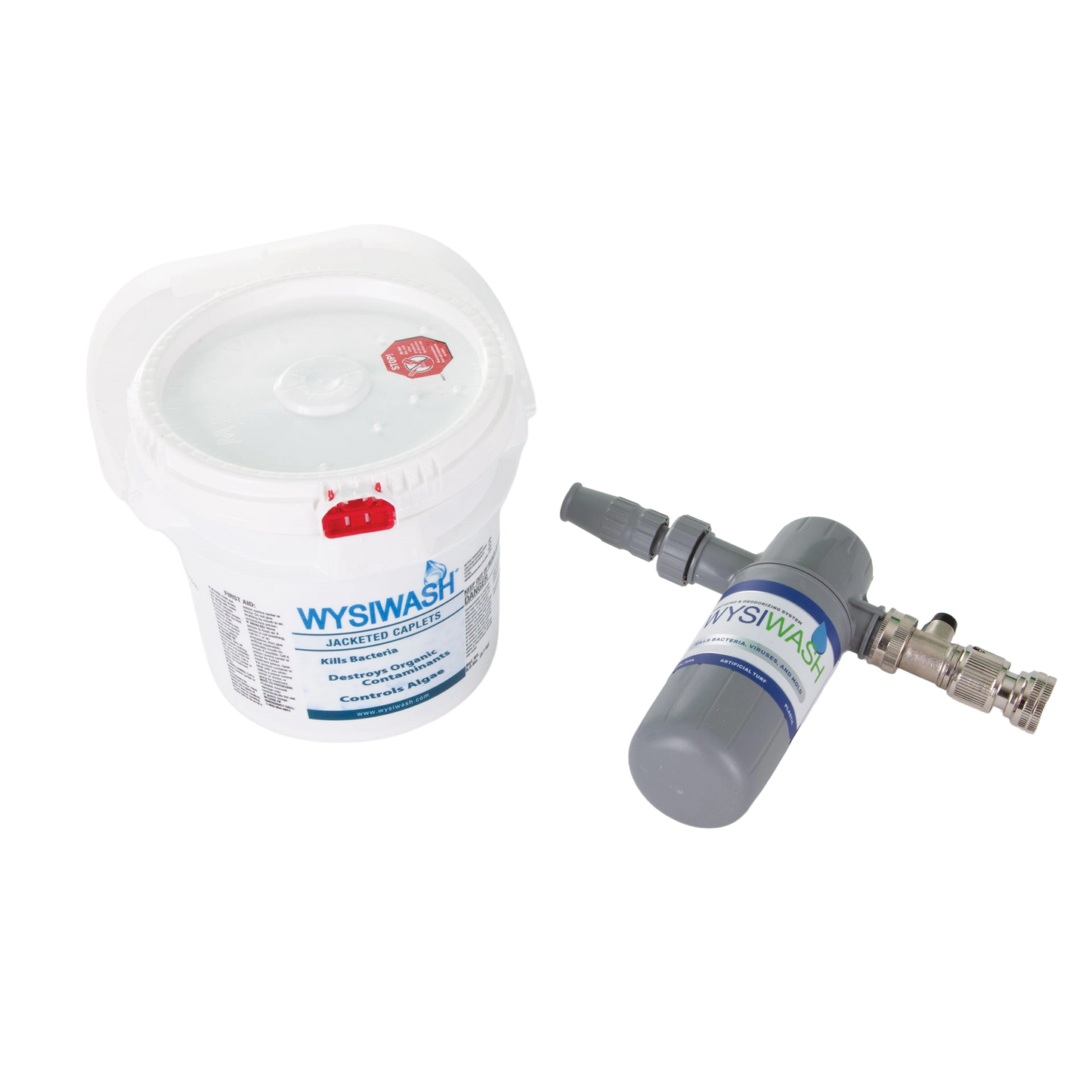 Wysiwash® Sanitizing System,"White bucket with lid and gray hose attachment"