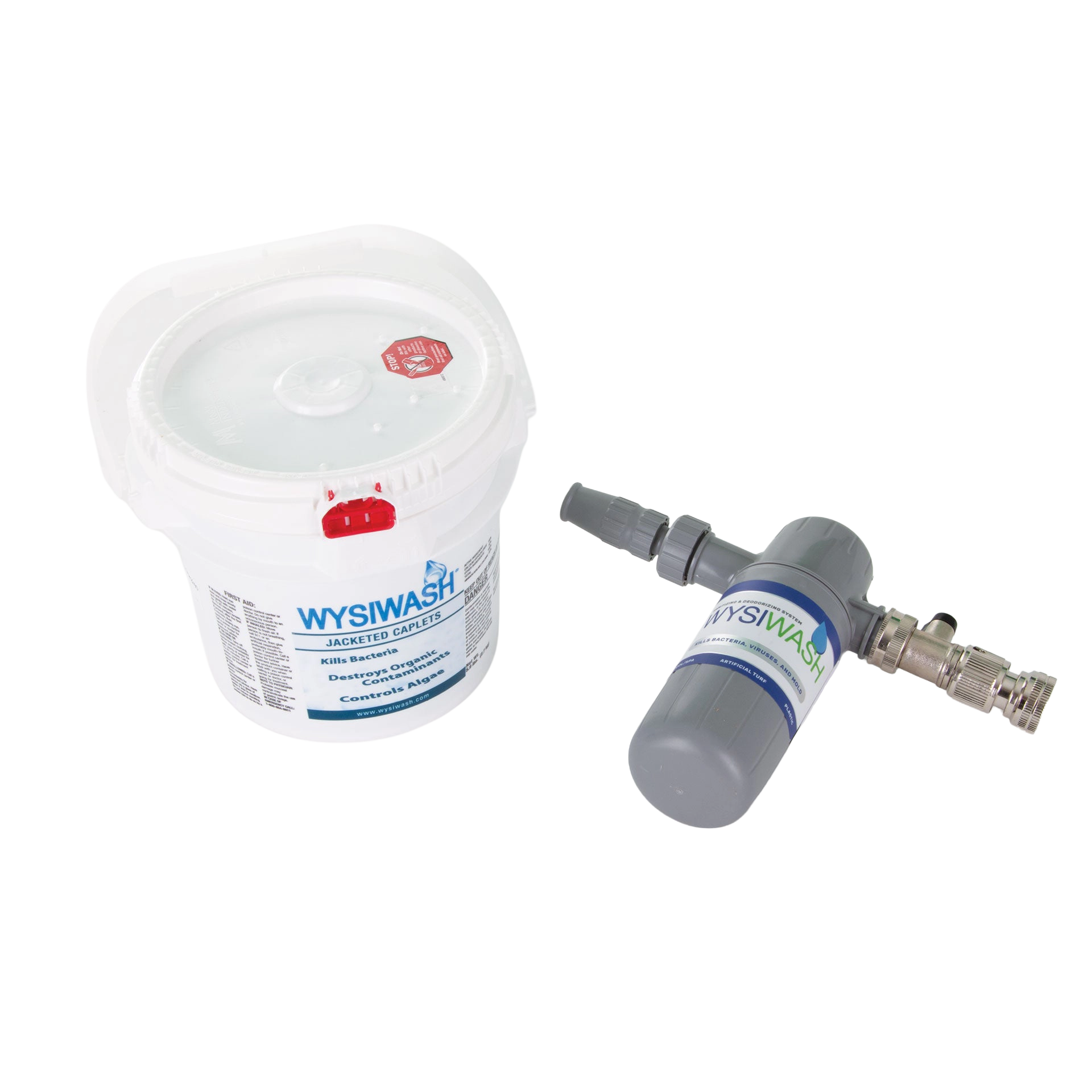 Wysiwash® Sanitizing System,"White bucket with lid and gray hose attachment"