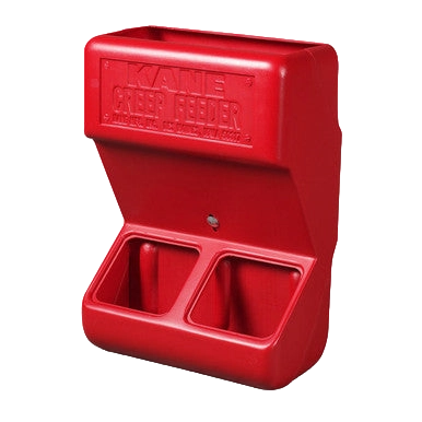 Creep Feeder,"Red wall-mounted feeder with two front openings"