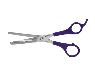 Aaronco Prima 6.5"" 30 Tooth Thinner,"Silver thinning shears with purple handles"