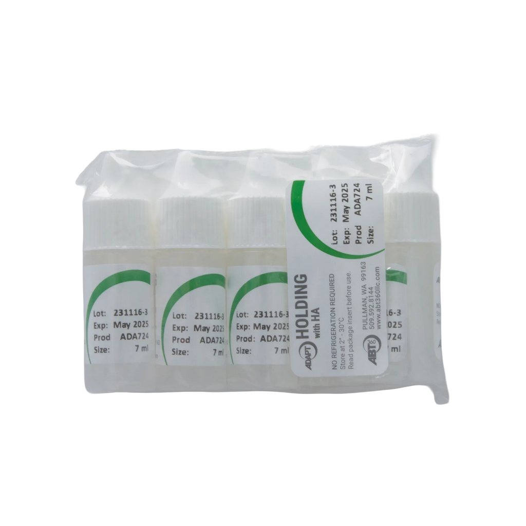 ABT360 Holding Media Adapt with HA,"Pack of small clear vials with white caps in sealed bag"