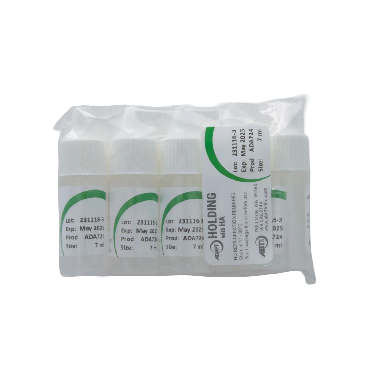 ABT360 Holding Media Adapt with HA,"Pack of small clear vials with white caps in sealed bag"