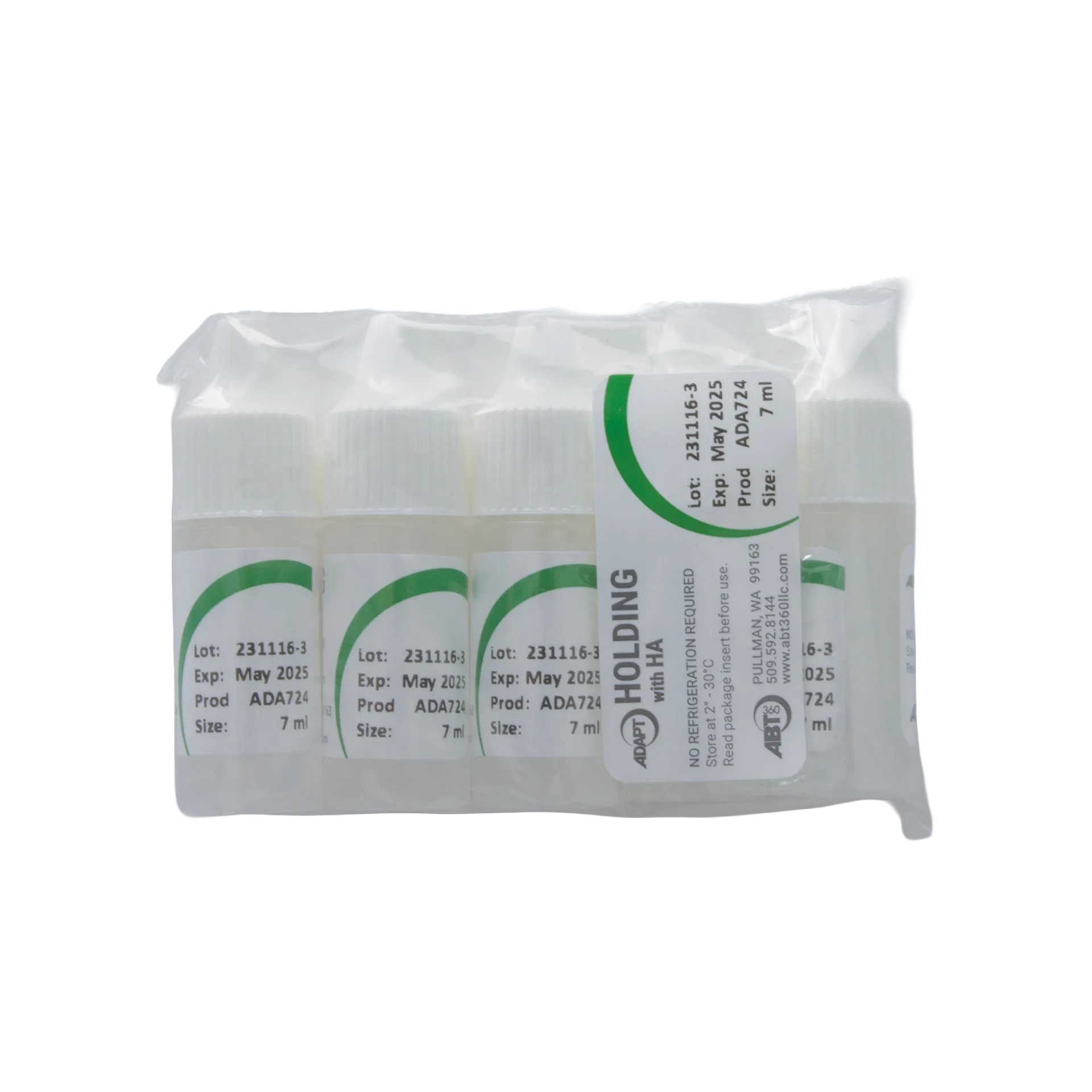 ABT360 Holding Media Adapt with HA,"Pack of small clear vials with white caps in sealed bag"