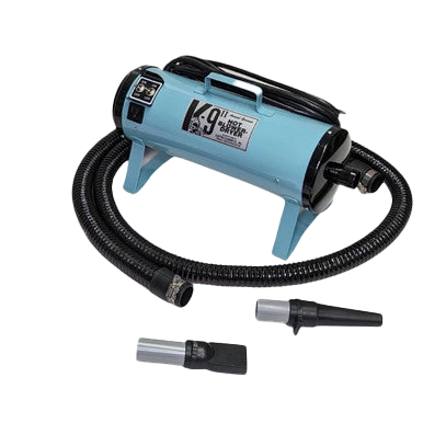 K-9 II Dog Dryer With FREE Water Peeler,"Blue dog dryer with black hose and two nozzle attachments"