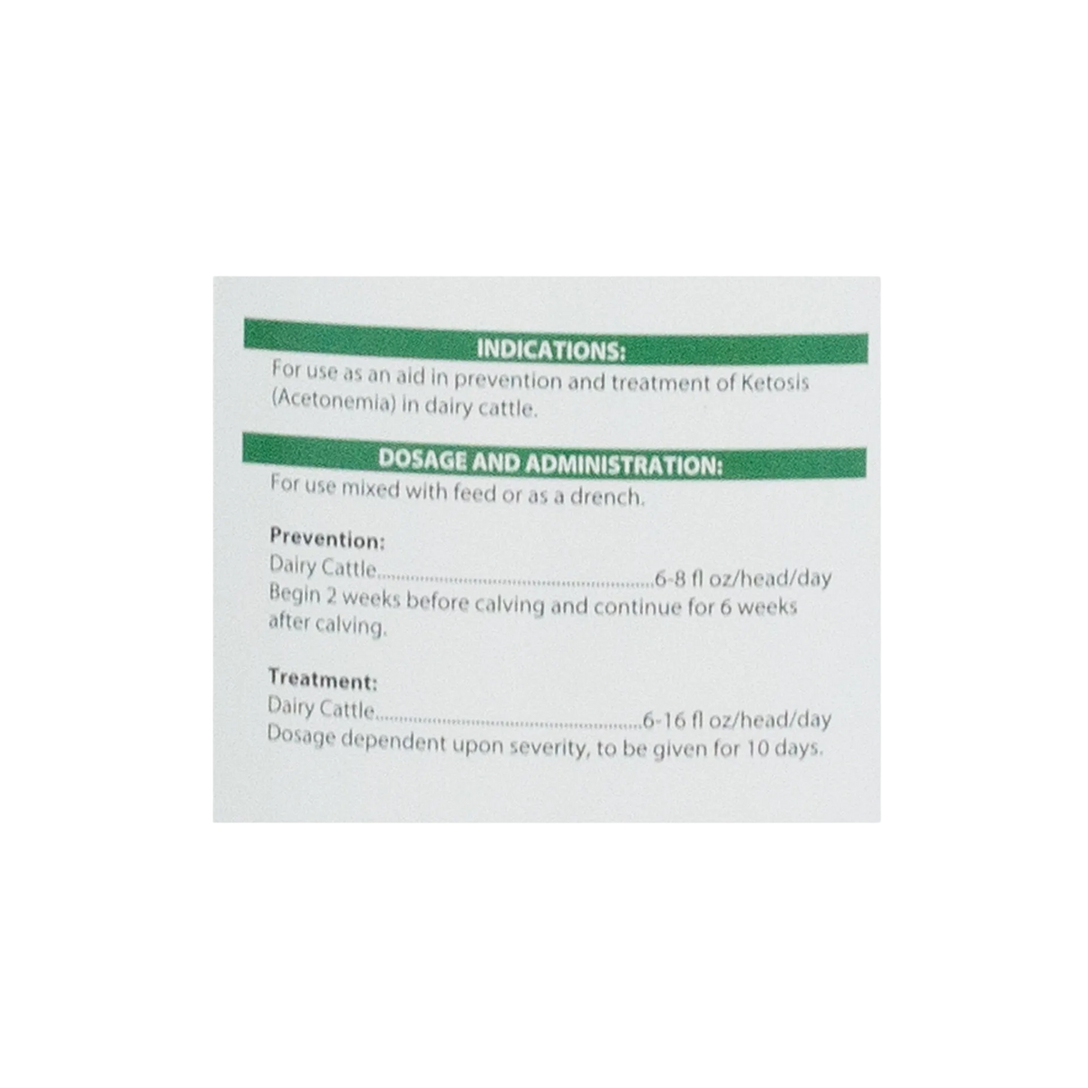 Propylene Glycol,"Close-up of dosage and administration label panel"