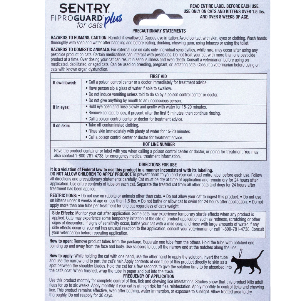 Sentry® Fiproguard® Plus for Cats,"Back of package with usage directions and precautions"