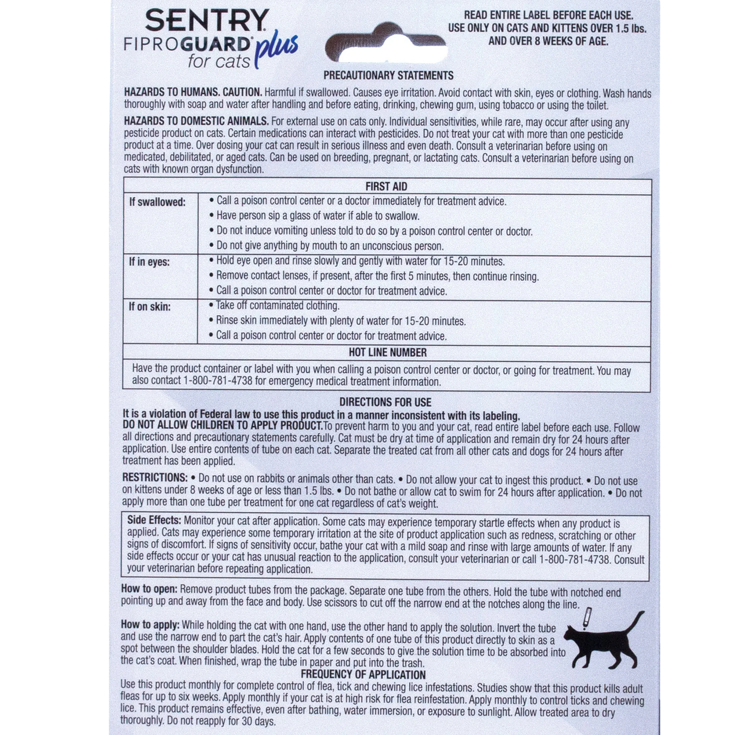 Sentry® Fiproguard® Plus for Cats,"Back of package with usage directions and precautions"