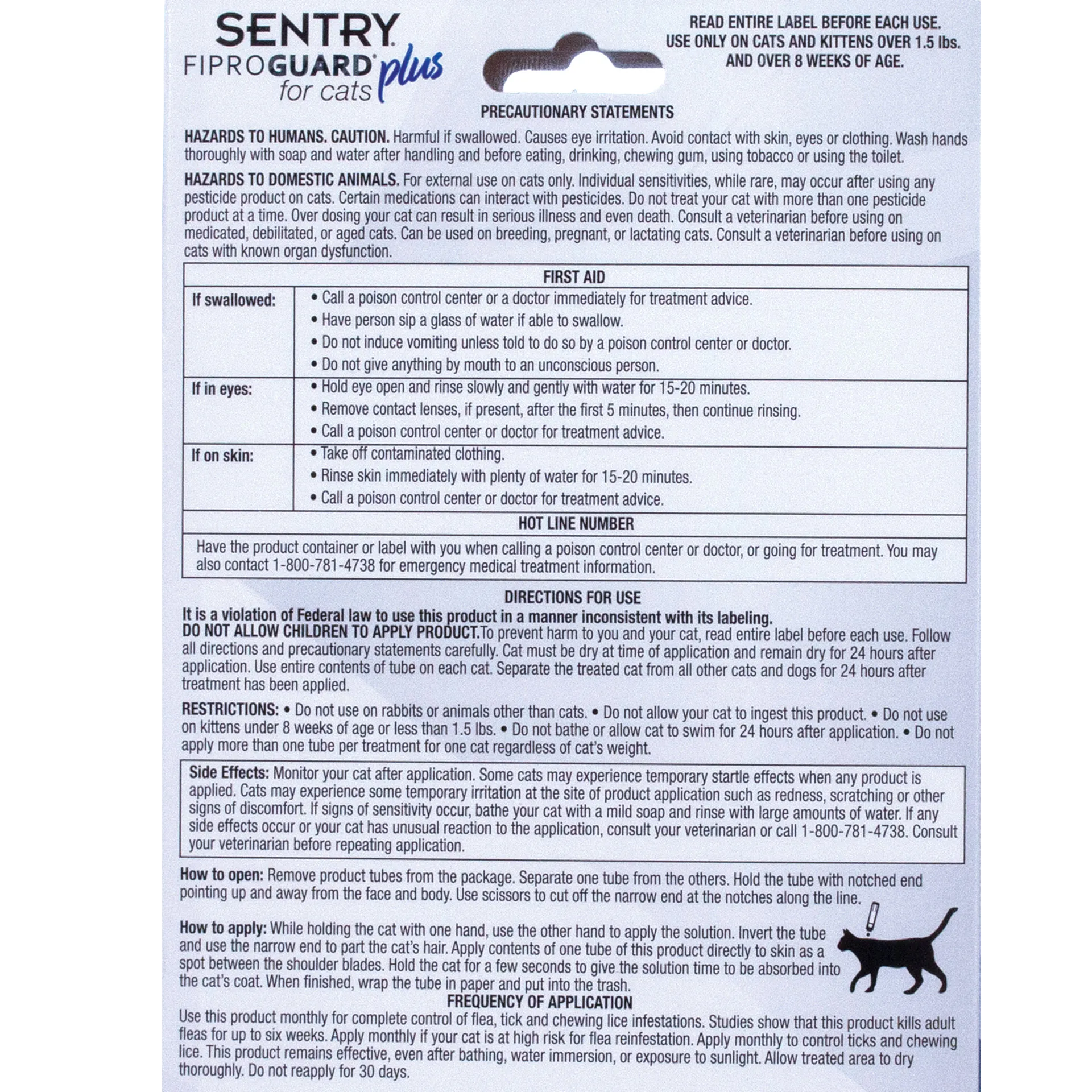 Sentry® Fiproguard® Plus for Cats,"Back of package with usage directions and precautions"