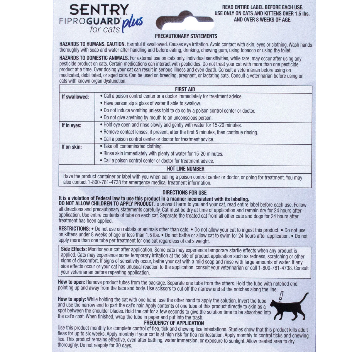Sentry® Fiproguard® Plus for Cats,"Back of package with usage directions and precautions"