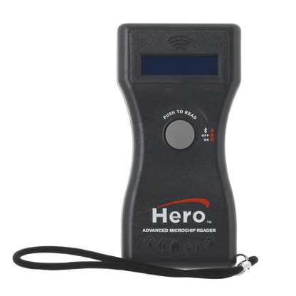 Hero™ Universal Microchip Scanner,"Black handheld scanner with screen and wrist strap"