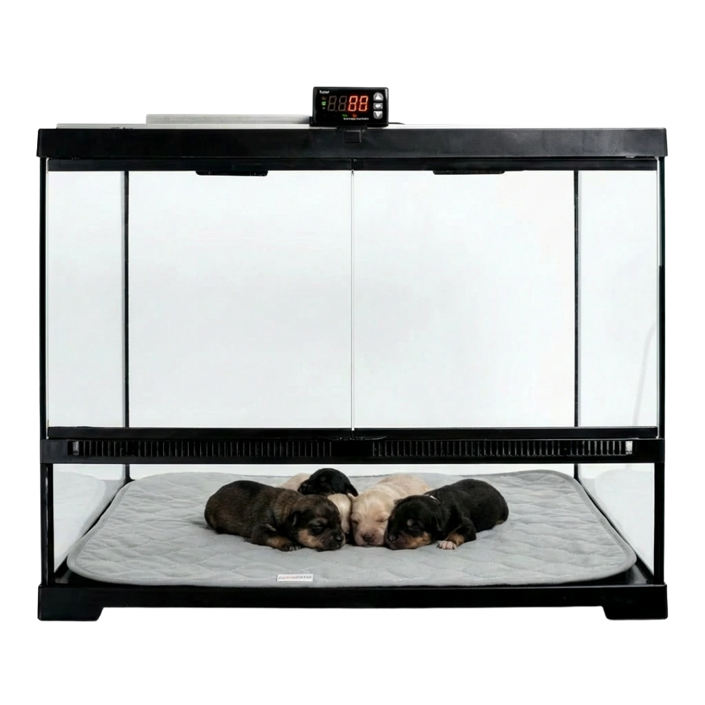 Puppywarmer Incubator Pee Pad,"Quilted gray pee pad inside incubator with three puppies"